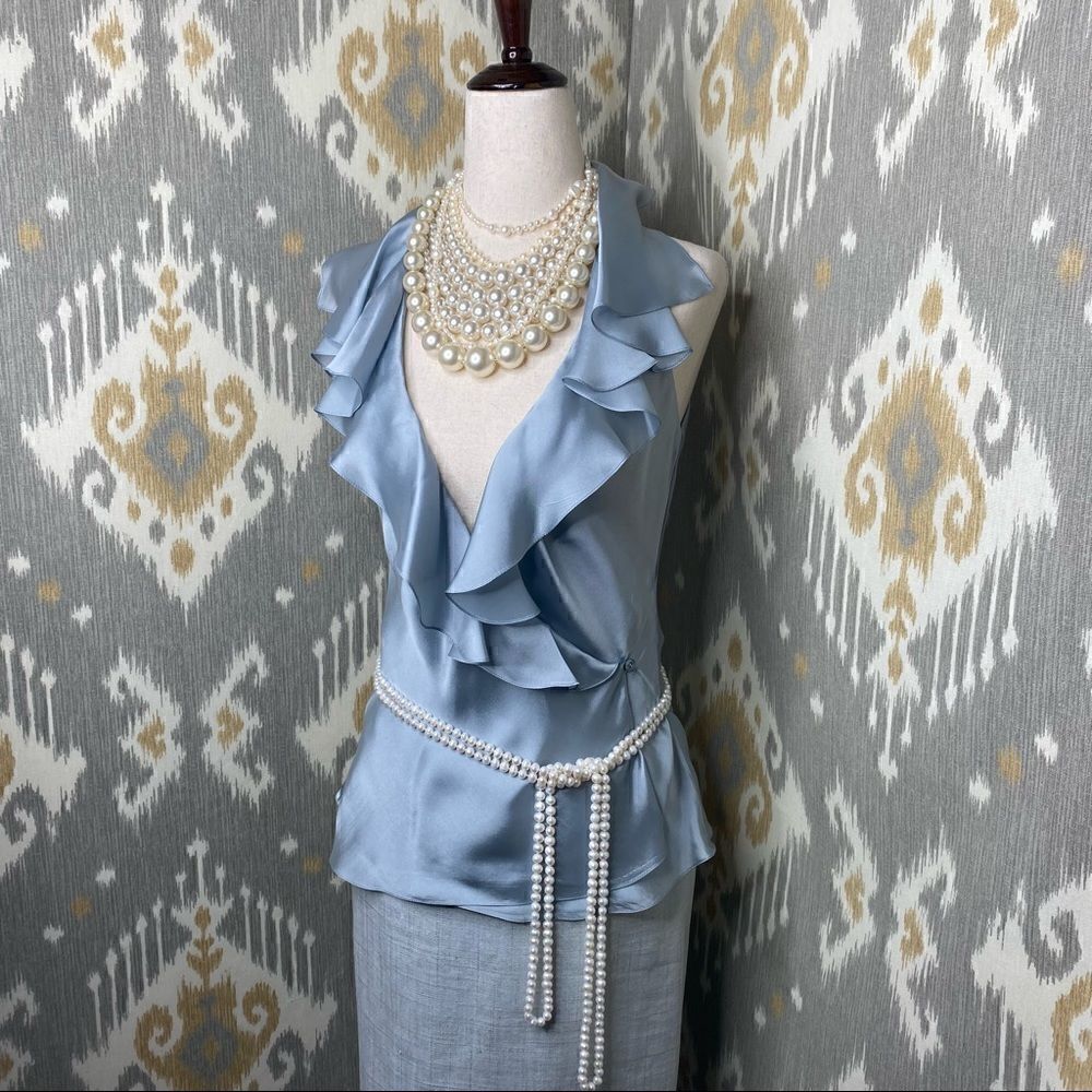 Ralph Lauren Spring ‘12 Collection Powder Blue Ruffle-Trim Silk Charmeuse Blouse - Picture 11 of 12